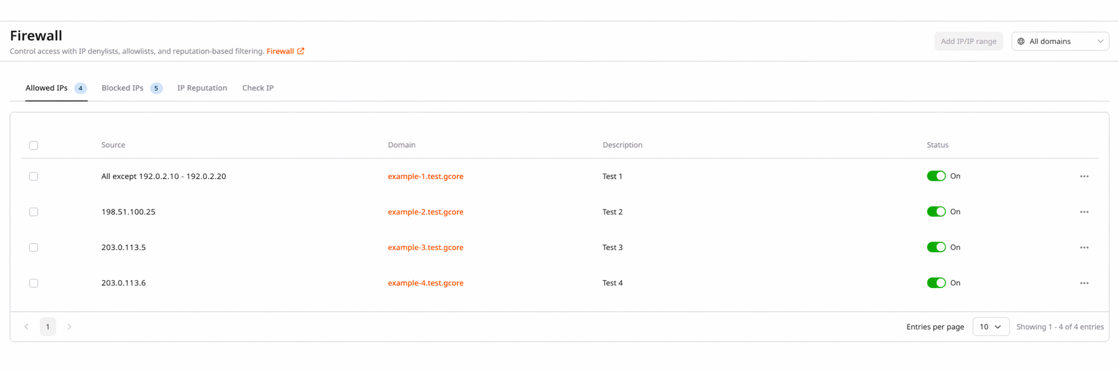 Firewall page in the Customer Portal