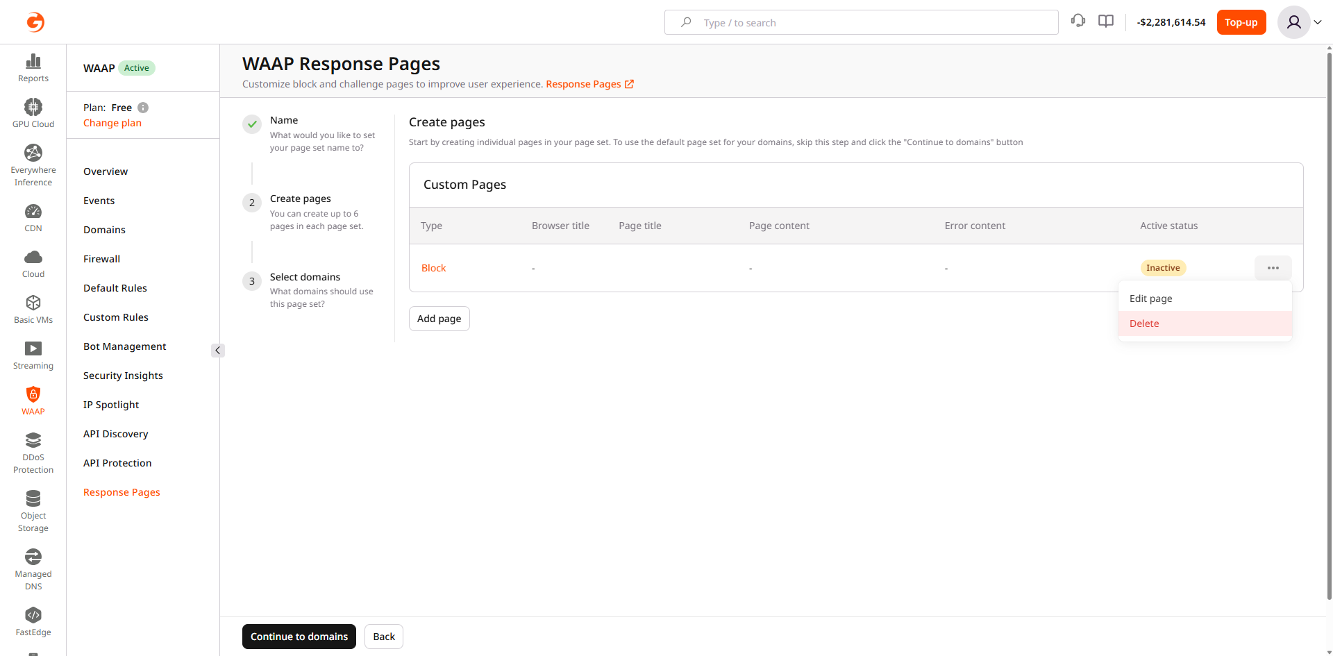 Delete page button in the page set settings