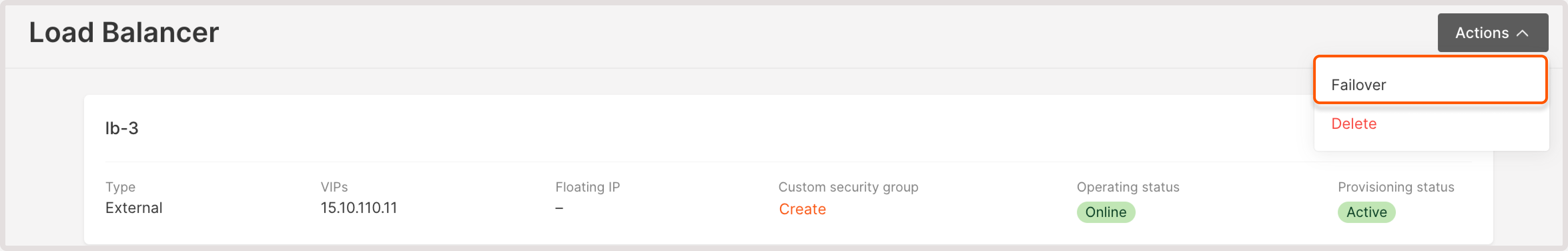 Load Balancers page with initiate failover settings