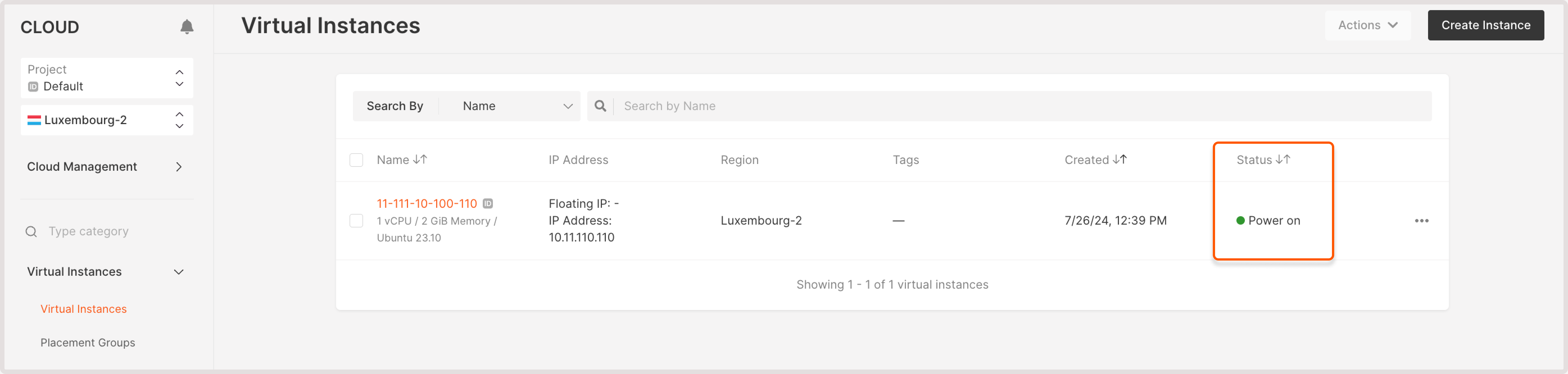 VM status column with the Power on status displayed