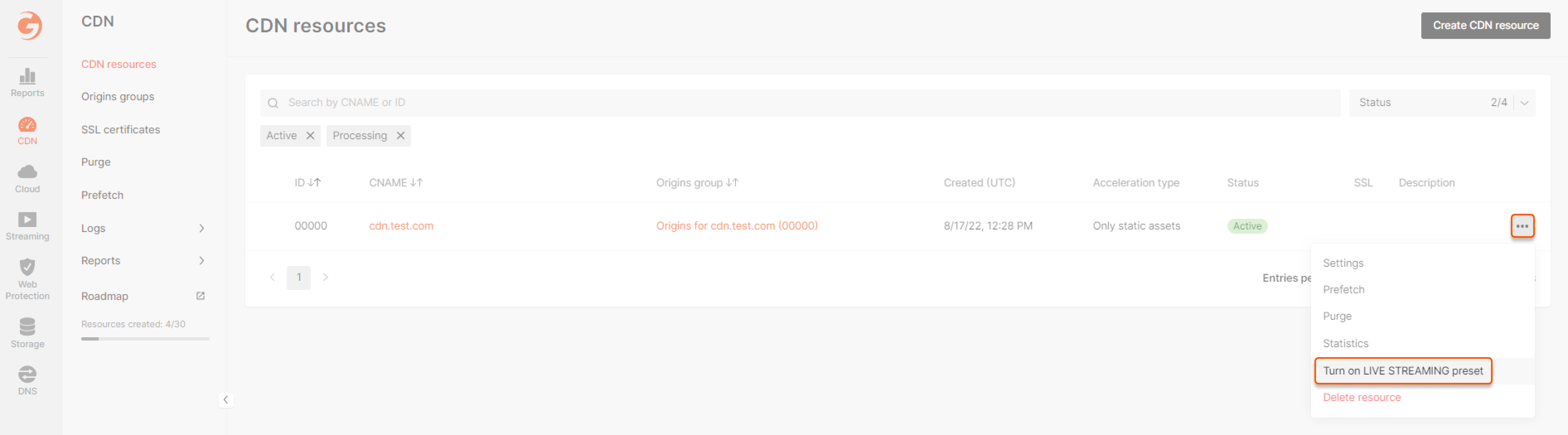 Turn on LIVE STREAMING preset