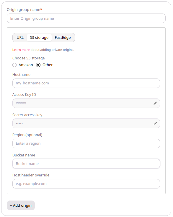 S3 origin form with Other selected, showing Hostname, access keys, Region, Bucket name, and Host header override