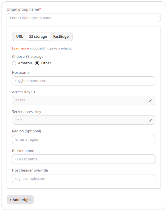 S3 origin form with Other selected, showing Hostname, access keys, Region, Bucket name, and Host header override