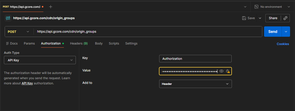 Postman Authorization tab with API Key added to the request header