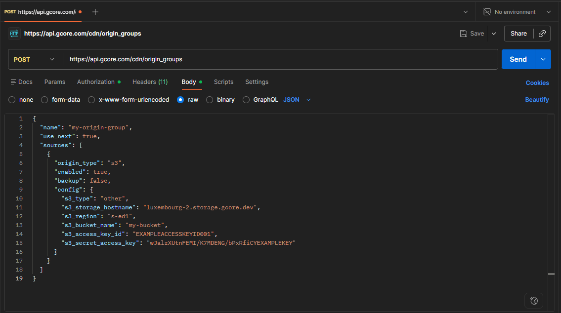 Postman Body tab with raw JSON for a Gcore Other S3 origin