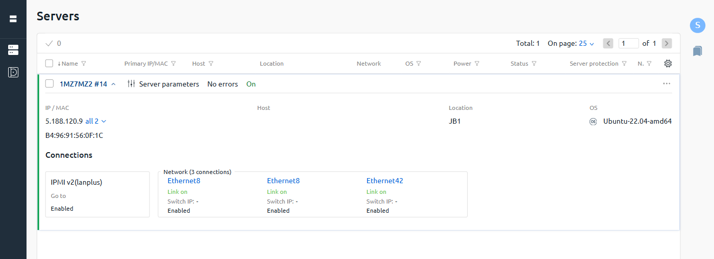 DCImanager Servers list with server row expanded showing Connections section with IPMI and Network switch ports