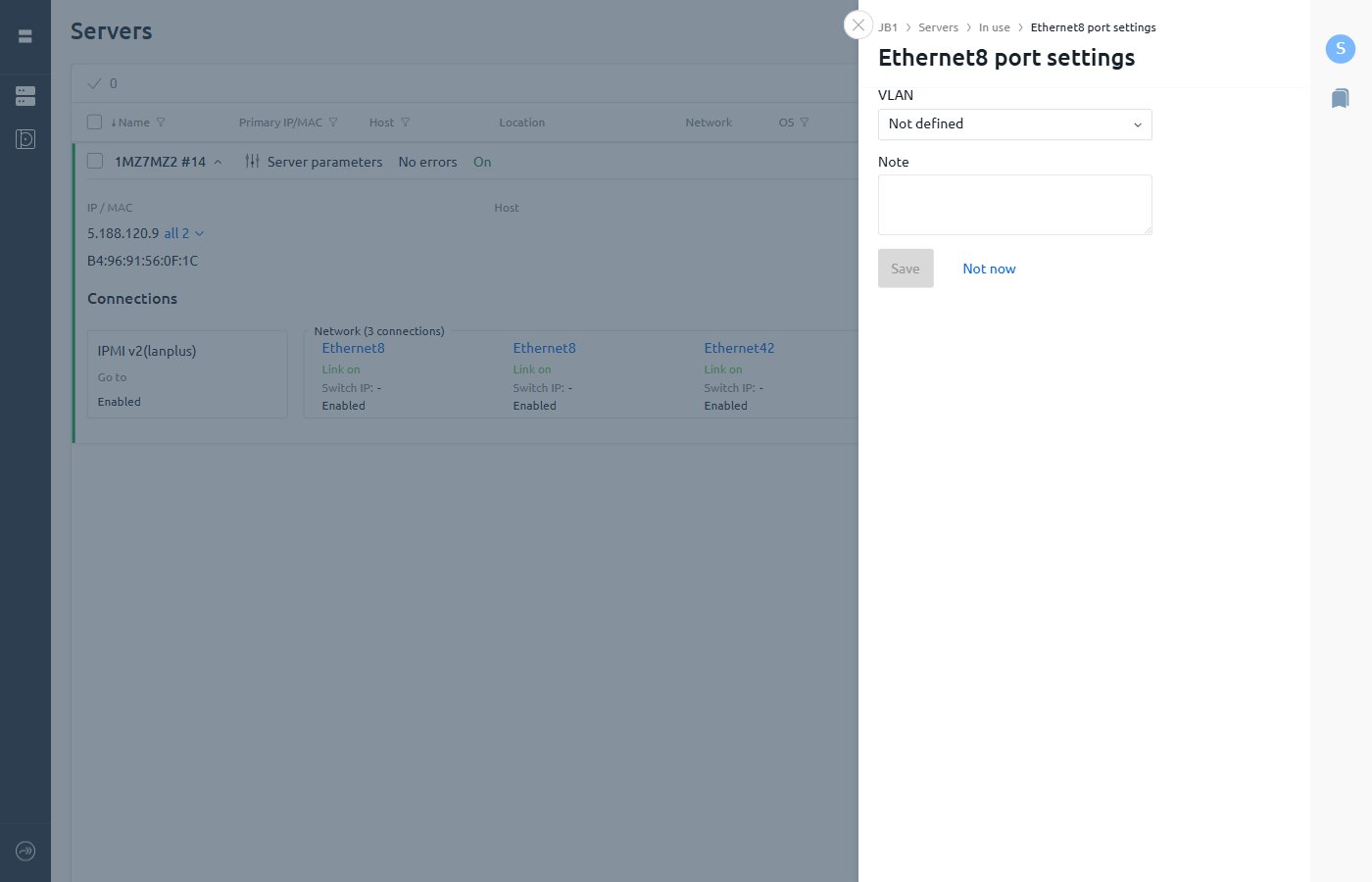 Ethernet8 port settings panel with VLAN dropdown showing Not defined and Note field