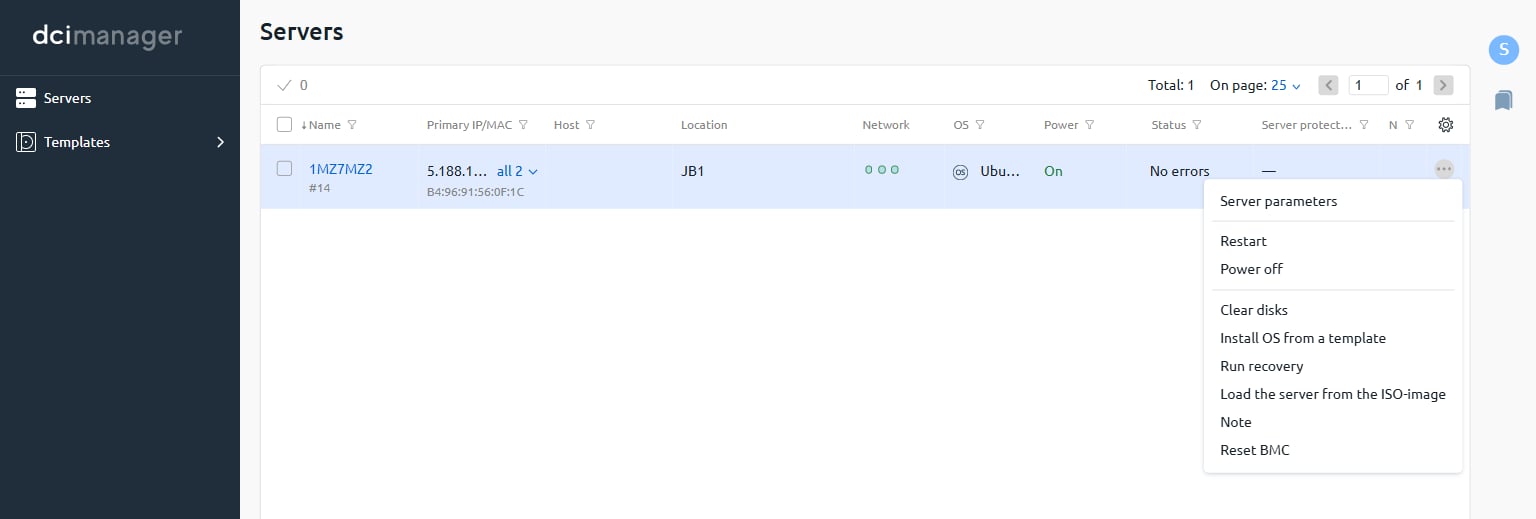 DCImanager server list with the three-dot context menu open, showing the Install OS from a template option