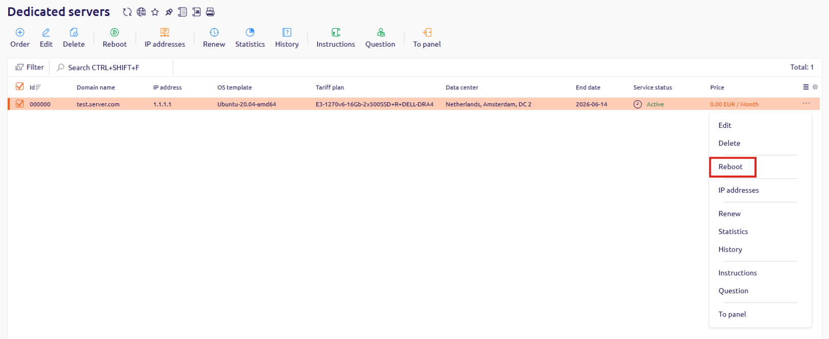 The Dedicated servers list in the Hosting Portal with the context menu open and the Reboot option highlighted