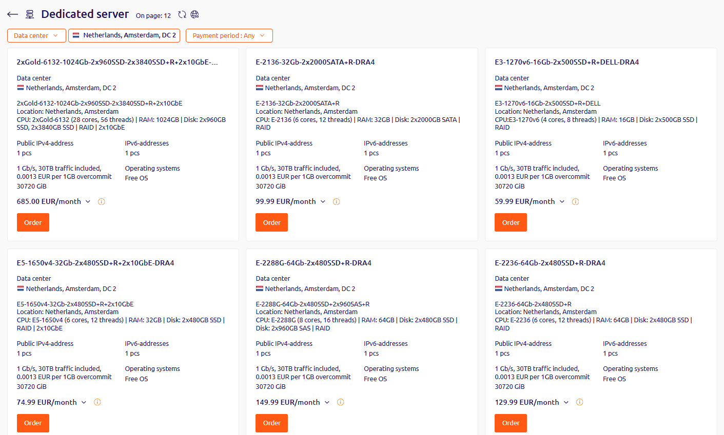Hosting Portal catalog showing available dedicated servers filtered by data center