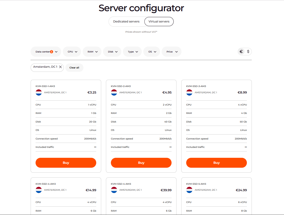 Gcore dedicated servers catalog with configurator and filter panel