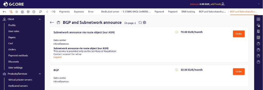 BGP and Subnetwork announce order page showing BGP at 30 EUR/month and Subnetwork announce at 70 EUR/month