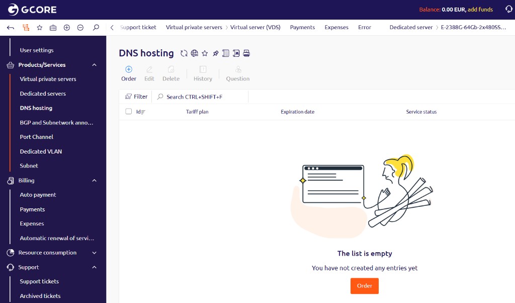 DNS hosting in the list of services