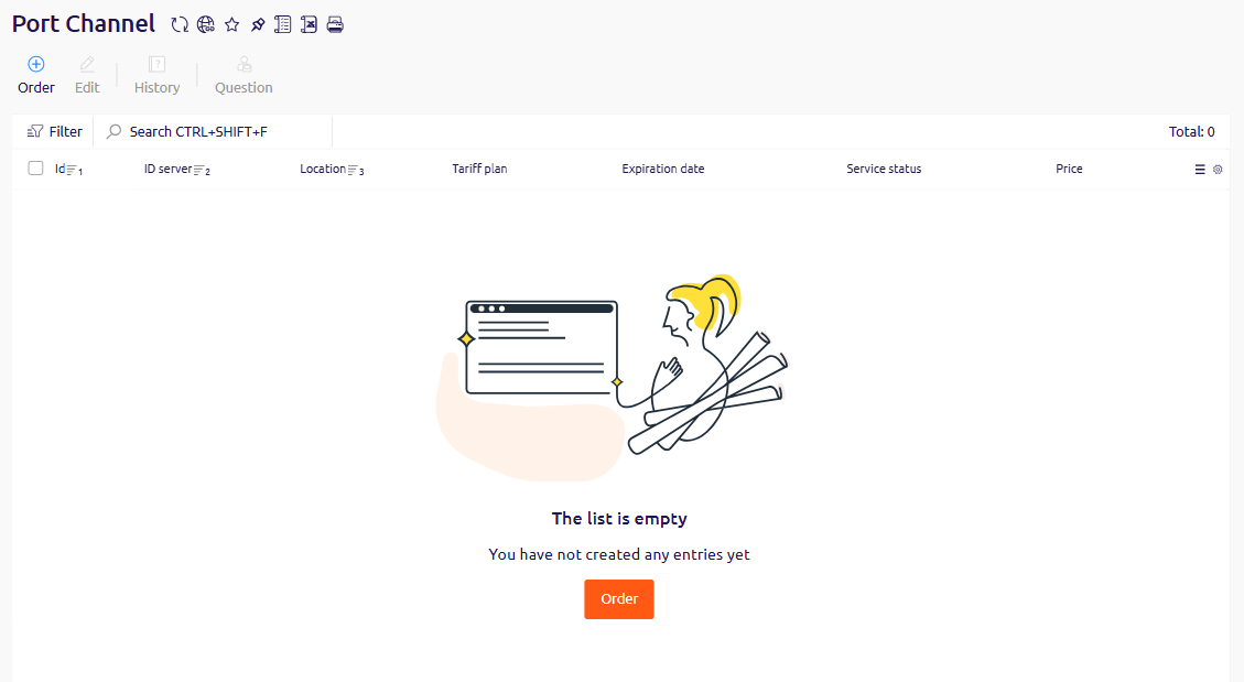 Port Channel section in the Hosting Portal with the Order button