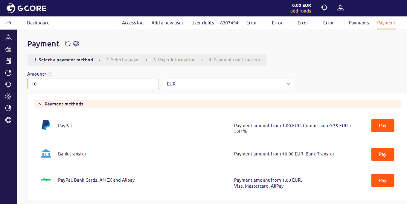 Step 1: Select a payment method with PayPal, Bank transfer, and Adyen listed