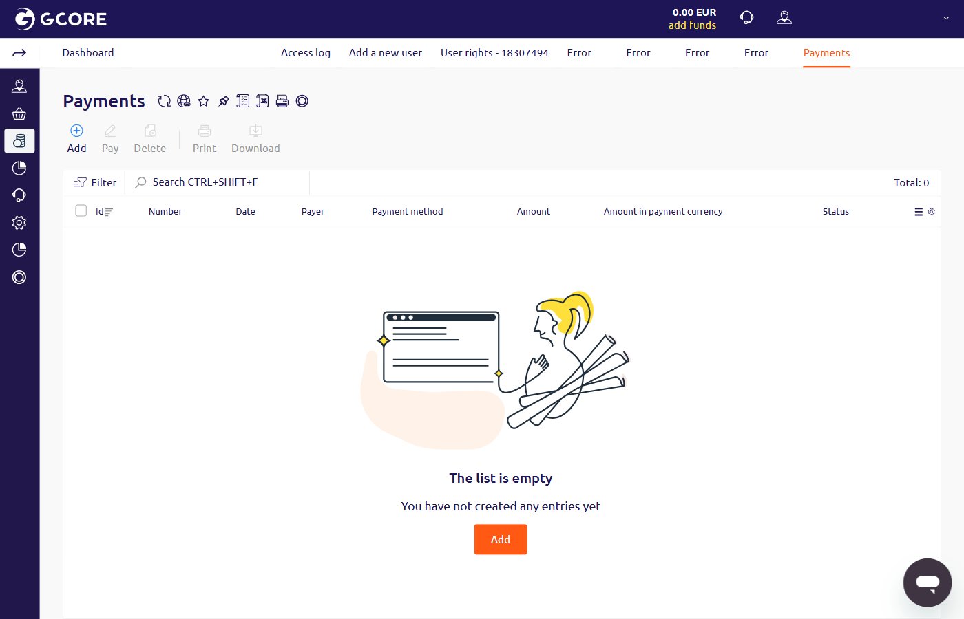 Billing Payments list with Add button