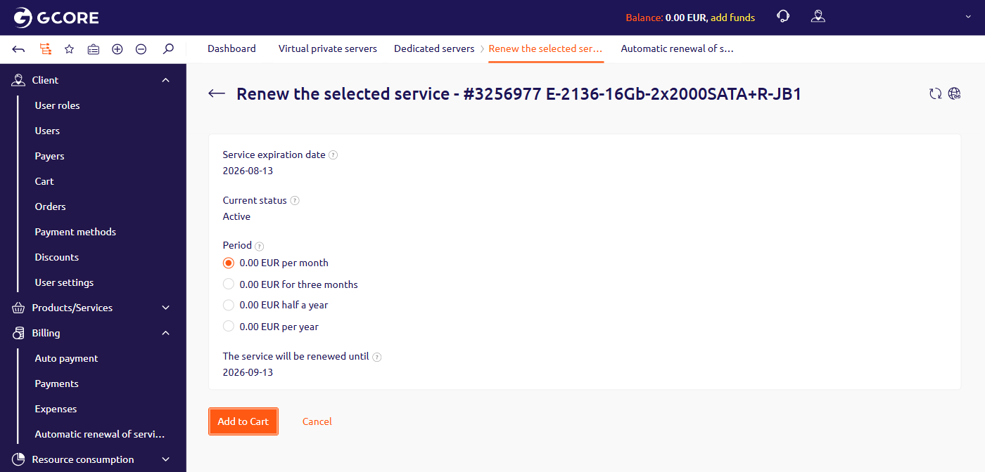 The Renew the selected service page with renewal period options and the Add to Cart button
