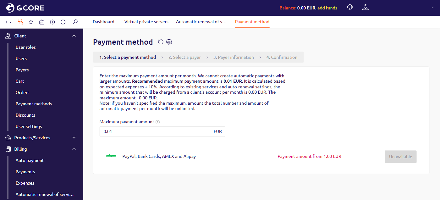 Payment method wizard showing the maximum payment amount field and the payment method selection table