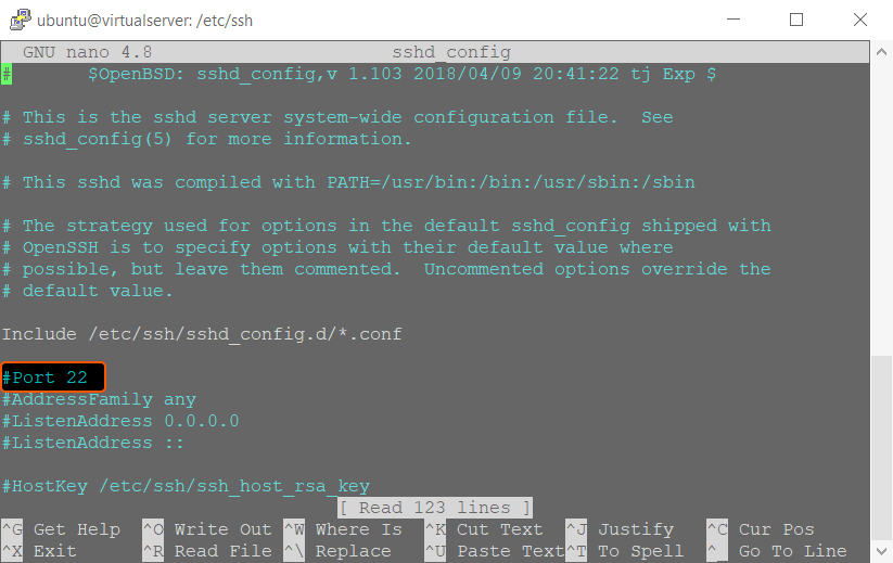 sshd_config with Port 22 commented out