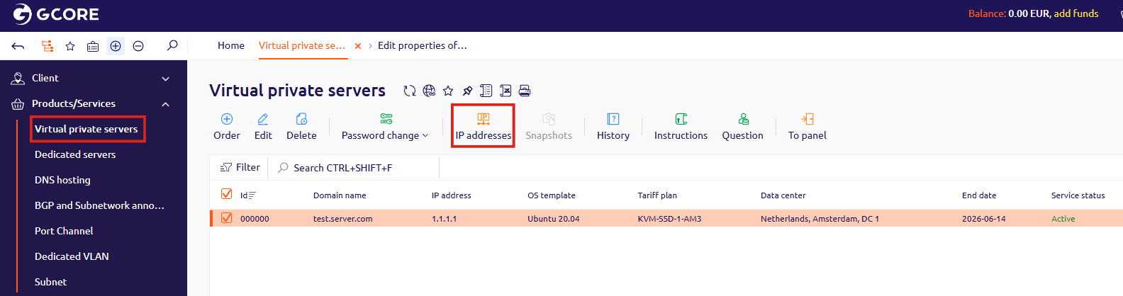 Virtual private servers list with the IP addresses button highlighted in the toolbar