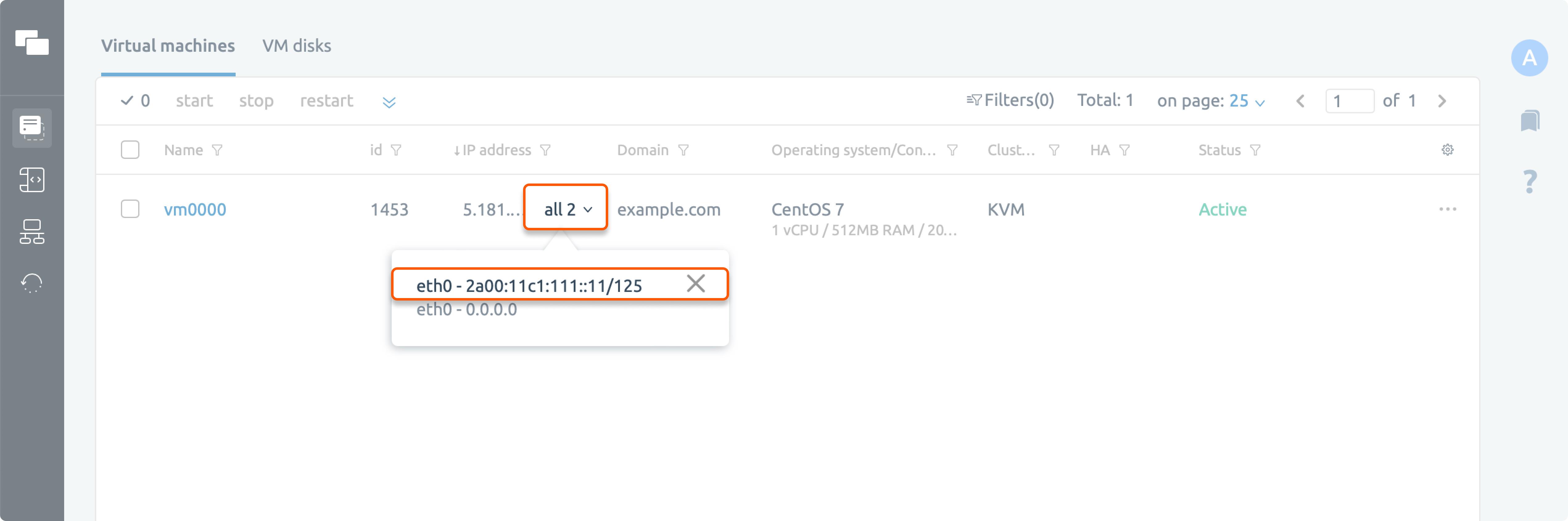 VMmanager 6 Virtual machines list with the IP address dropdown open, showing an IPv6 and IPv4 address assigned to eth0