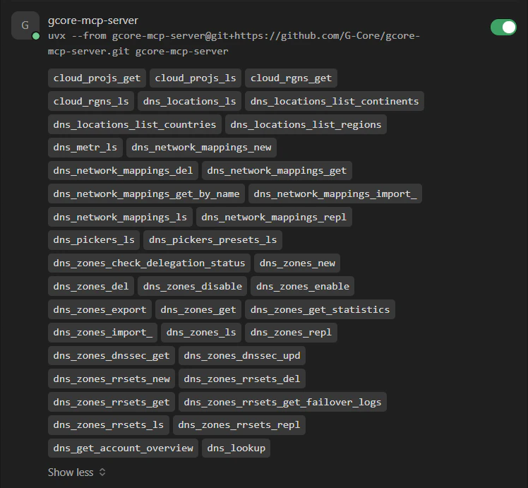Gcore MCP Server connected in Cursor IDE settings with dns.* tools listed