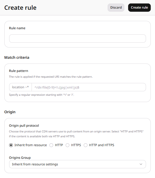 Create rule form with CORS header support added under Options