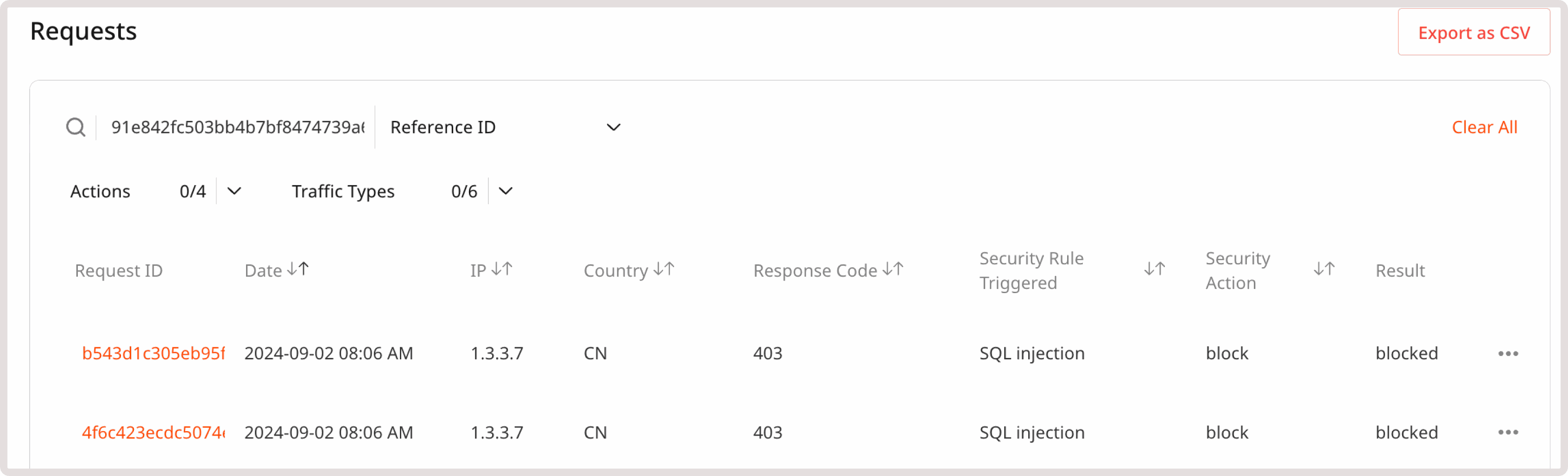 Requests table with search by Reference ID