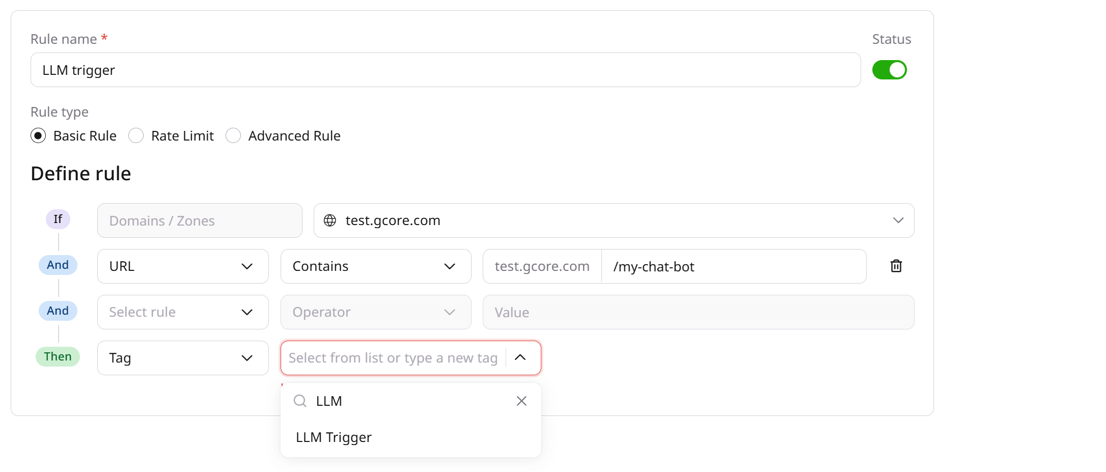 Custom rule applying the LLM Trigger reserved tag to an LLM URL path