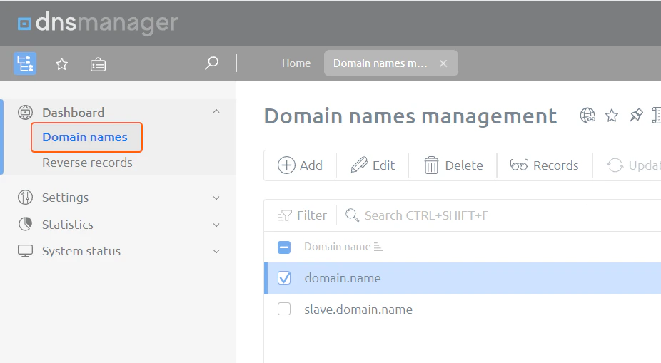 Domain names tab