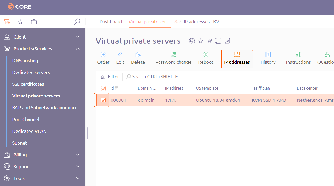 IP addresses tab