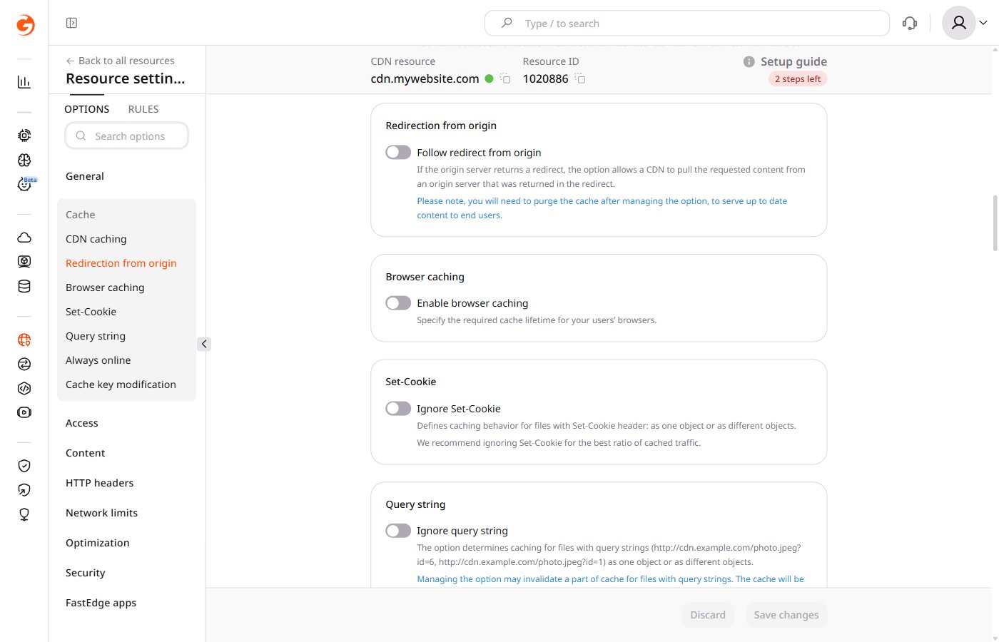 CDN resource settings with Cache section open