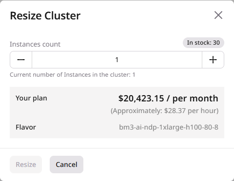 Resize cluster dialog with instance count controls