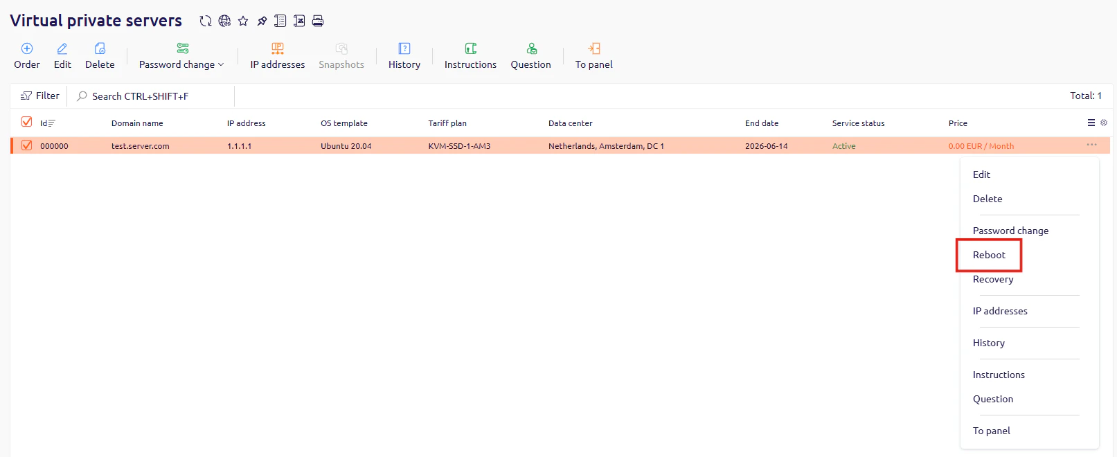 The Virtual private servers list in the Control Panel with the context menu open and the Reboot option highlighted
