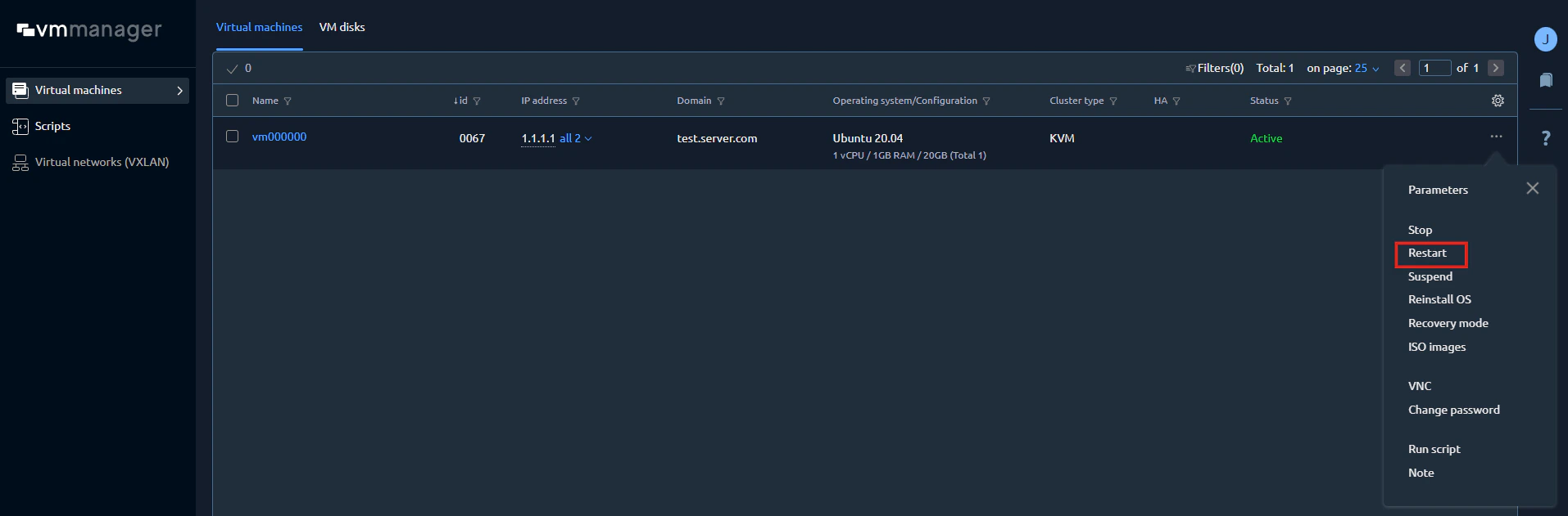 The Virtual machines list in VMmanager with the context menu open and the Restart option highlighted