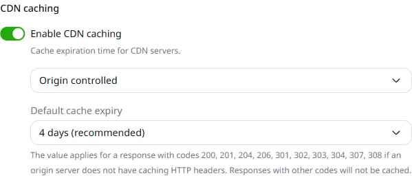 CDN caching settings with Origin controlled mode and default cache expiry