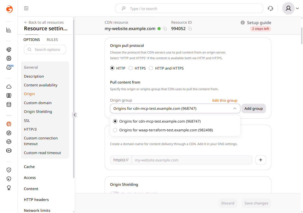 Origin group dropdown showing available groups to select