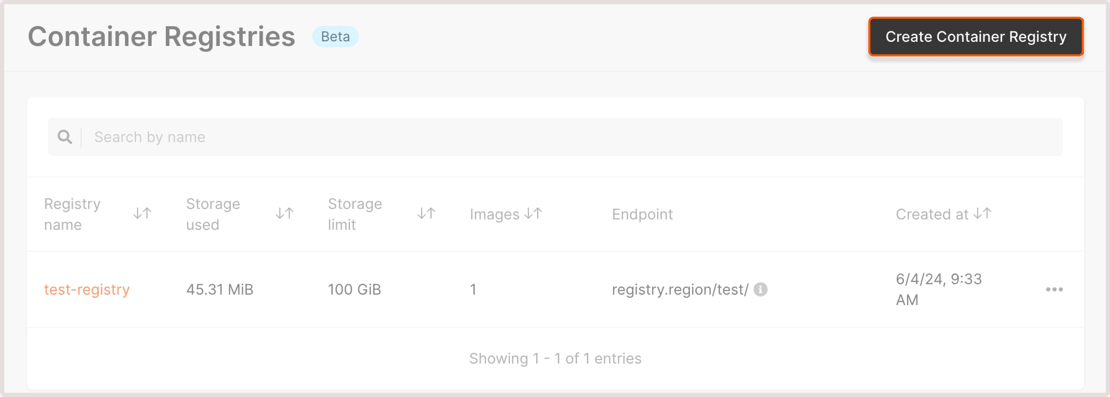 Container registry page in the Customer Portal
