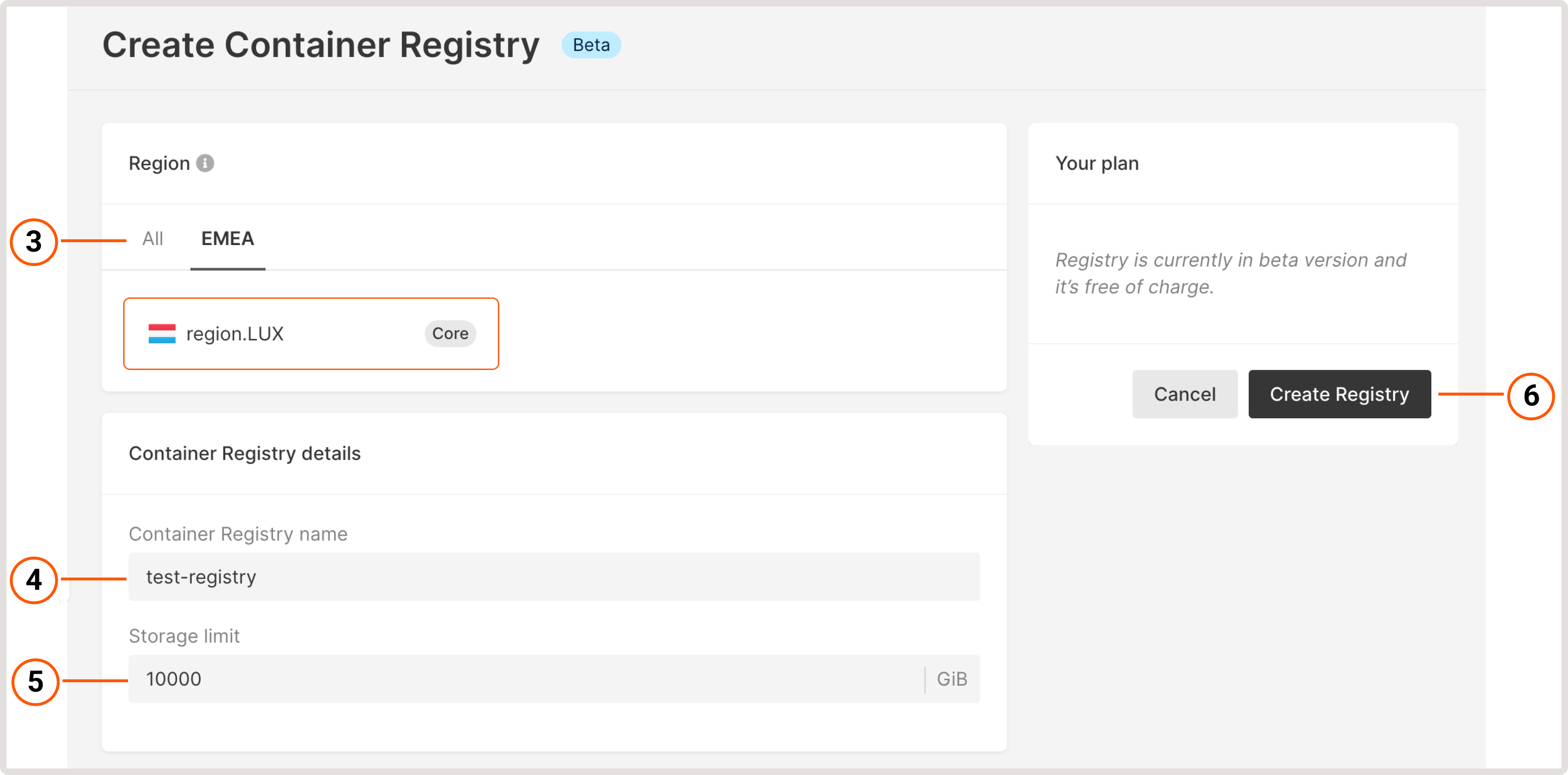Create Container registry dialog in the Customer Portal