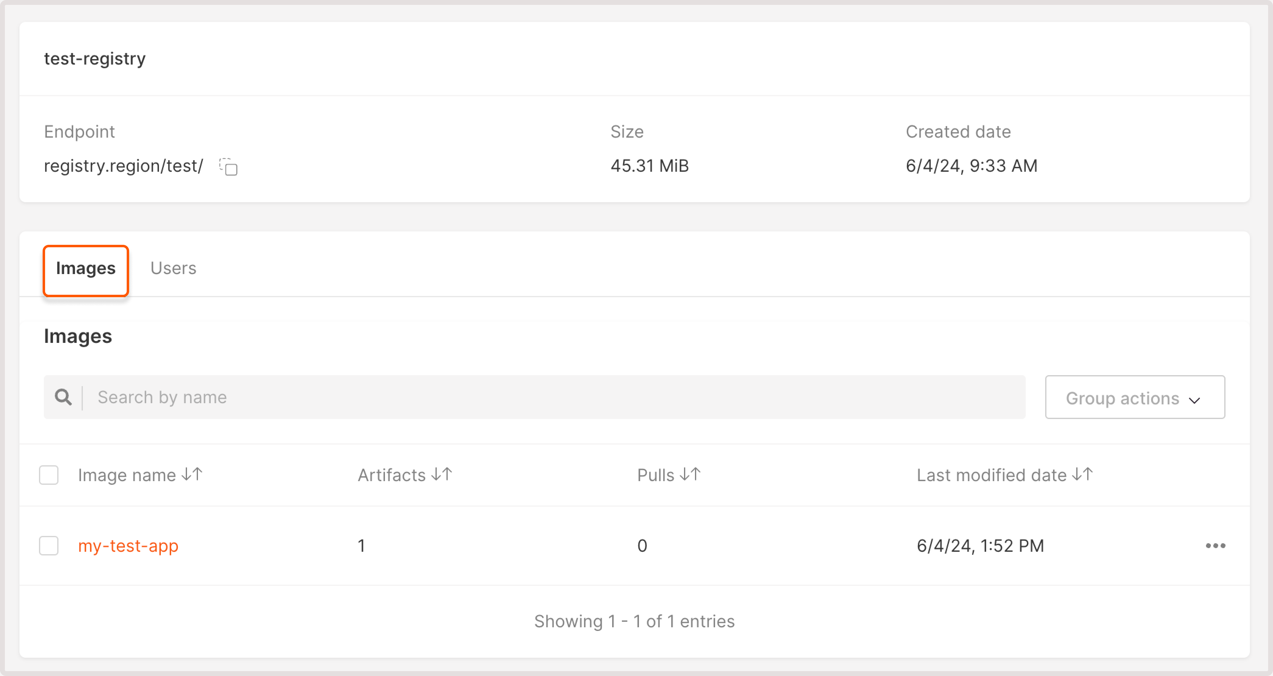 Registry overview page with highlighted images tab