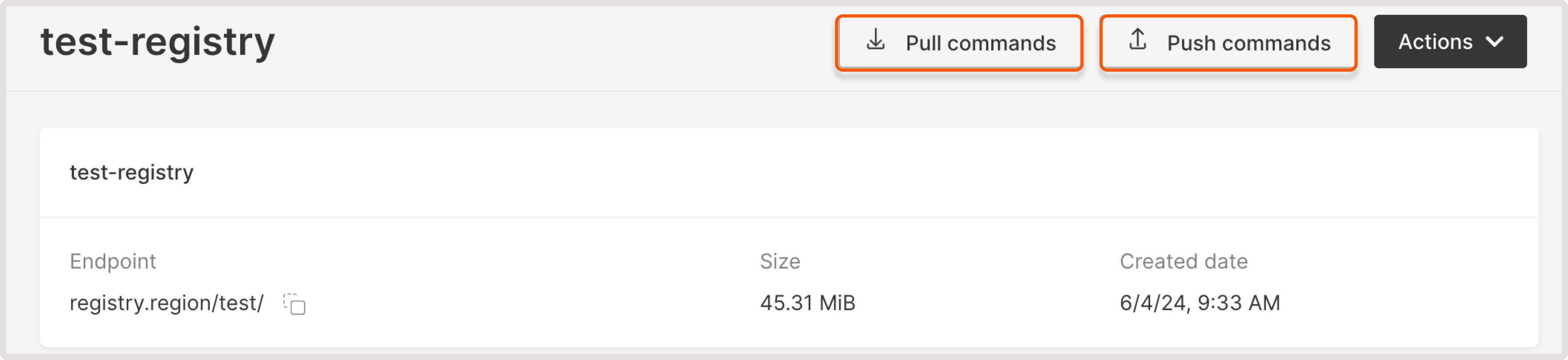 Registry overview page with highlighted push and pull buttons