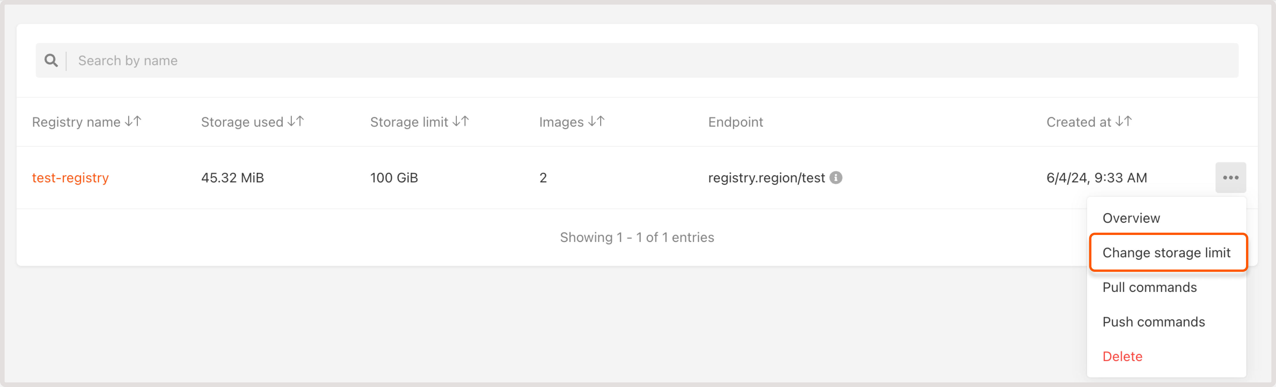 Container registry settings with change limit button highlighted