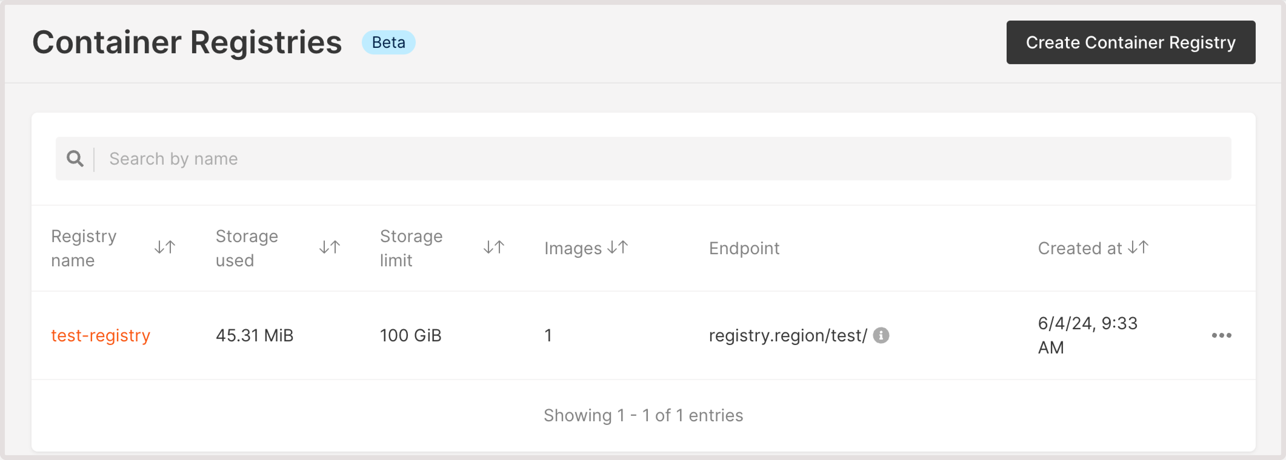 Container registry page in the Customer Portal