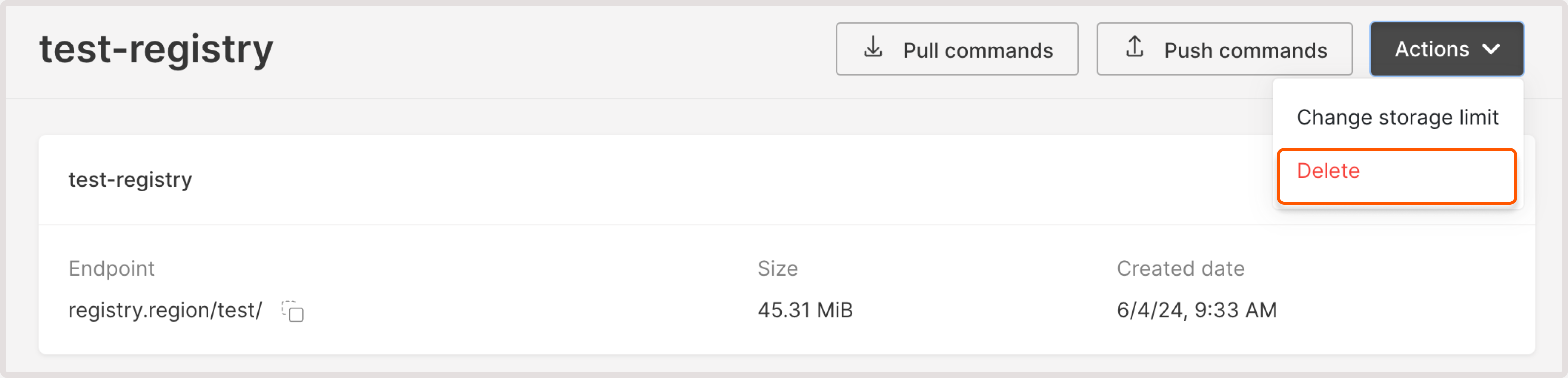 Container registry page with the highlighed delete button