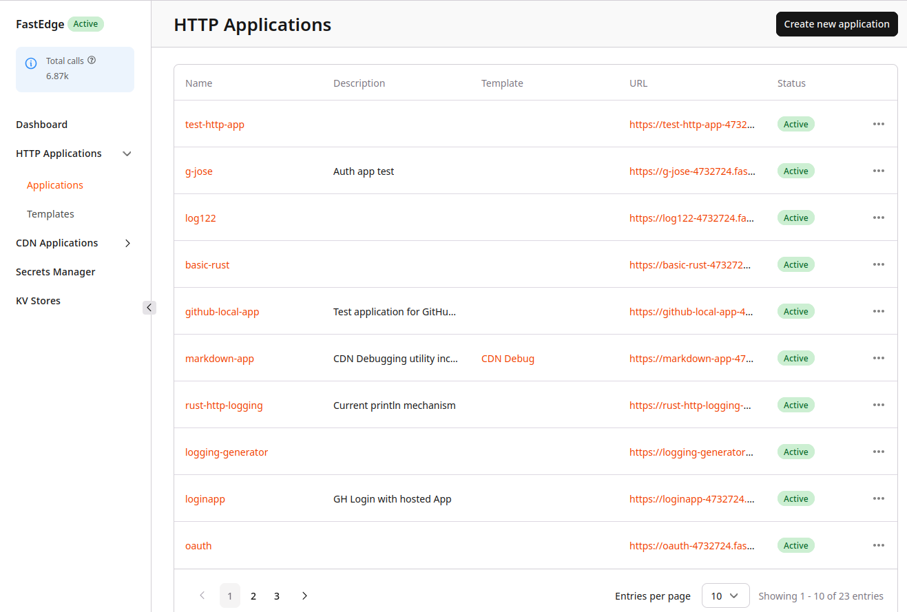 HTTP Applications with the list of FastEdge
apps
