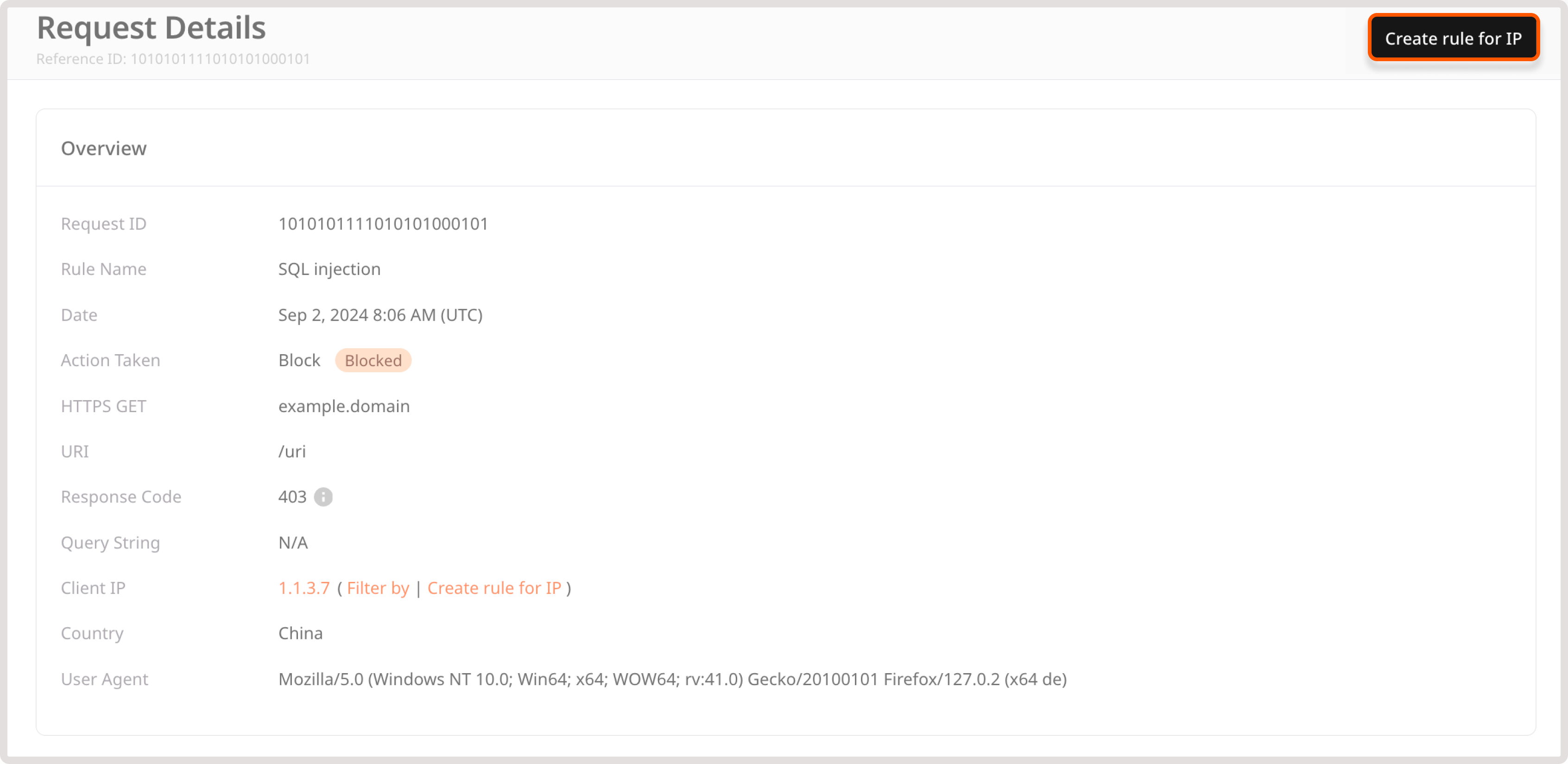 Highlighted create rule button on the request details page