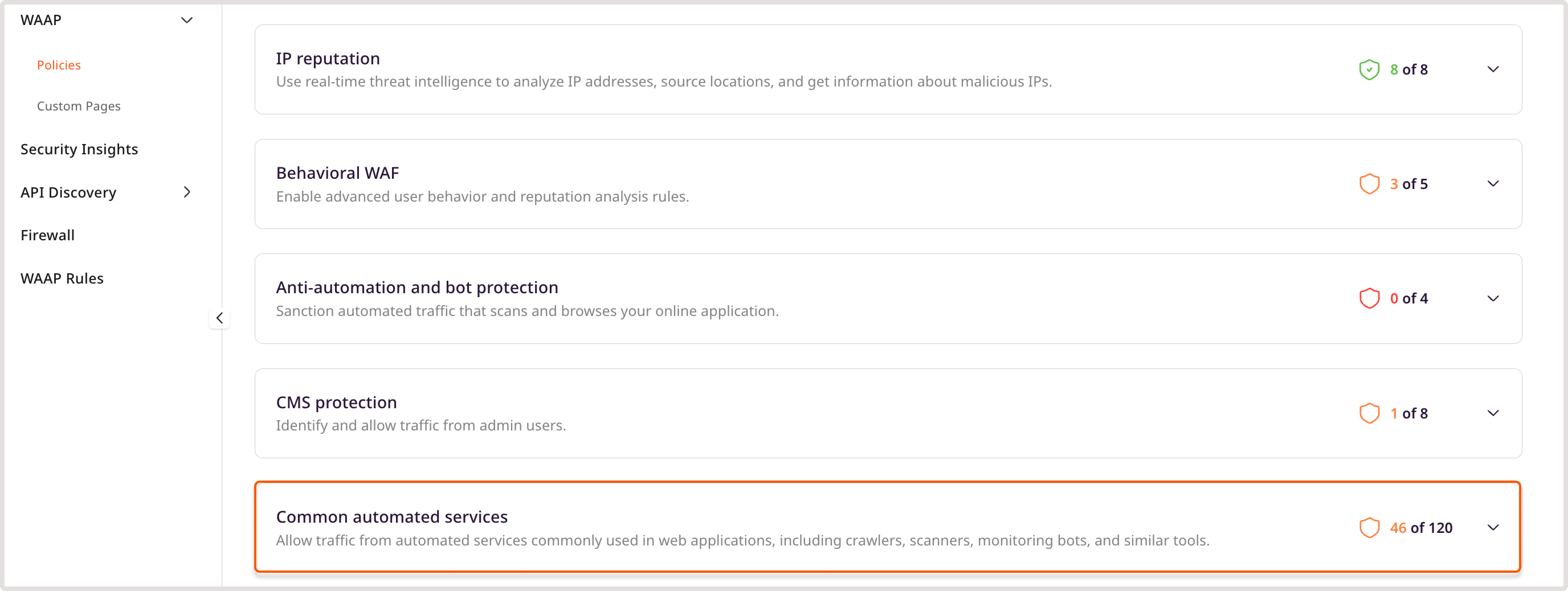 WAAP policies page with the highlighted common automated bots policy