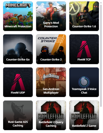 Application profile cards, three per row, from Minecraft Protection through Battlefield 2 Game