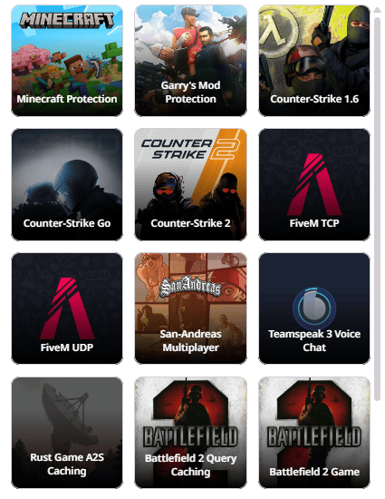 Application profile cards, three per row, from Minecraft Protection through Battlefield 2 Game