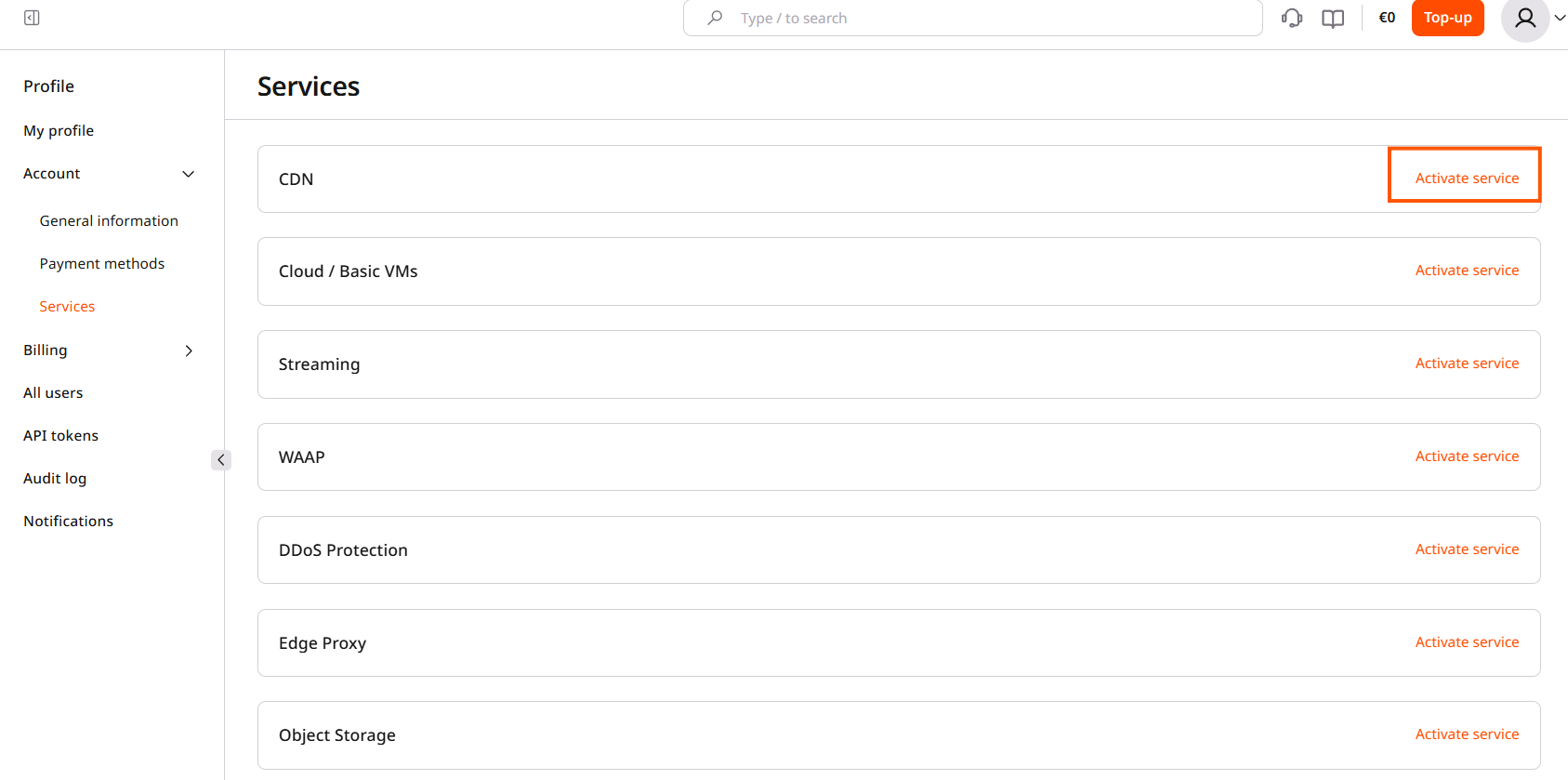 Services page listing services with Activate service buttons